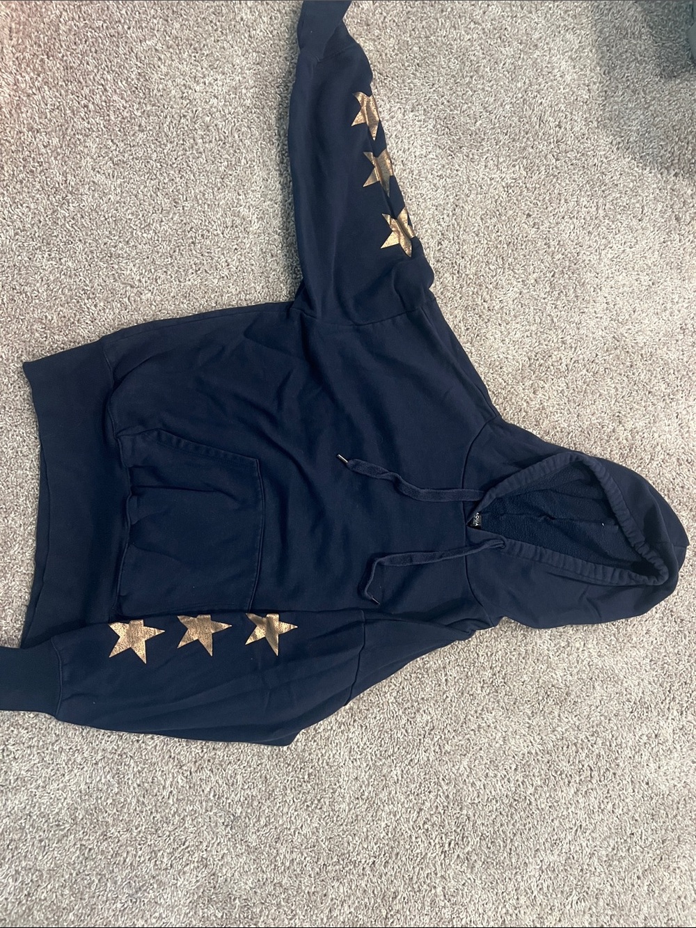 Aqua Navy Hoodie with Gold Star Sleeve Details